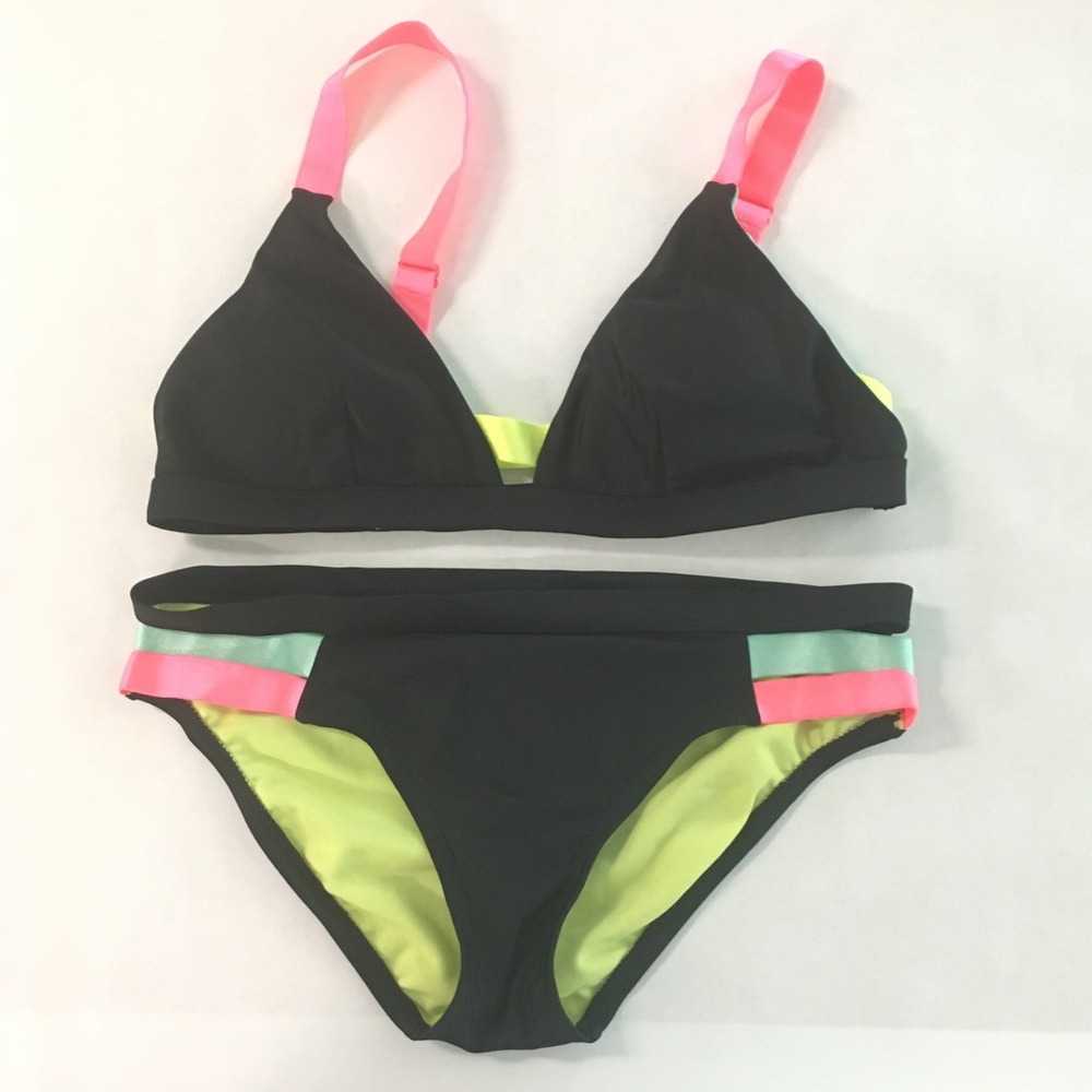 Strapping Black Neon Bikini Bathing Suit Set